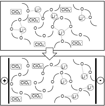 离解的离子类通过聚二醇(pag)分子振动呈现容易移动状态,在外部电场