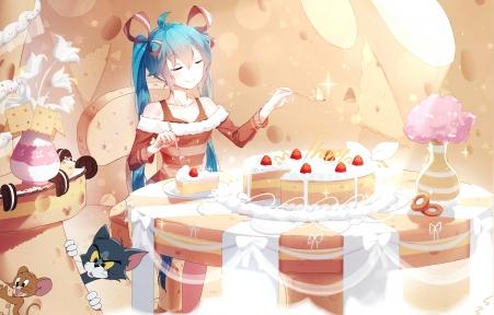 初音未来生日蛋糕猫和老鼠6k动漫壁纸_4k动漫图片