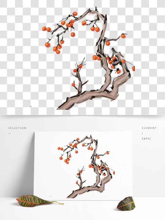 中国风古典风格水墨柿子树矢量图
