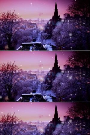 童真梦幻城市雪景雪粒循环落下浪漫温馨视觉效果背景视频素材