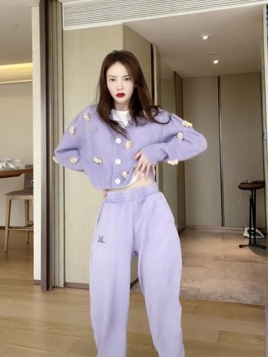 金晨抖音同款衣服紫色毛衣女2020年秋冬新款宽松外穿针织开衫外套