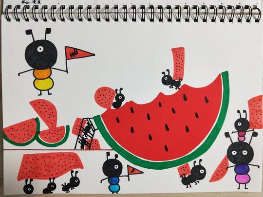 儿童创意画蚂蚁搬西瓜3