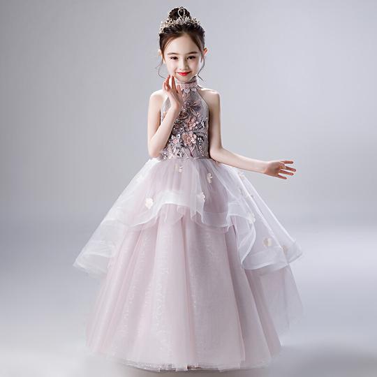 2019新款儿童晚礼服生日公主裙花童婚纱小主持人走秀女童洋气蓬蓬古筝钢琴演出服浅灰色150cm