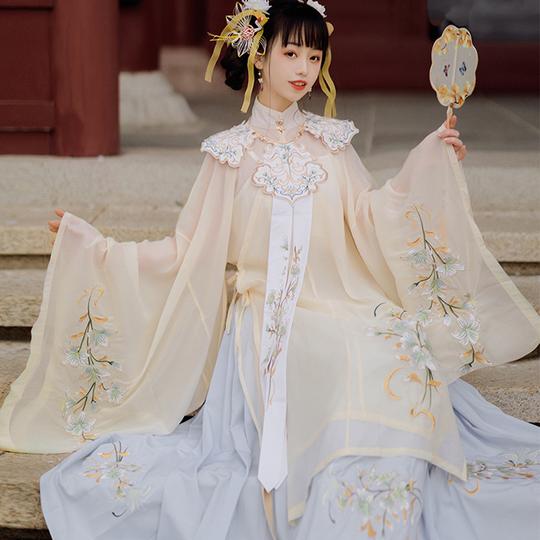 原创正品明制汉服女夏季薄款白菜超仙气云肩全套中国风三件套古装