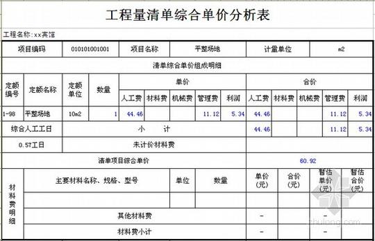 江苏宾馆土建工程预算书全套报表综合单价分析工程预算书