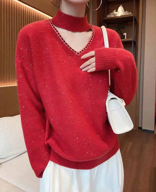 秋冬新款桃心v领挂脖毛衣女欧货纯色满天星韩版性感纯羊毛针织衫