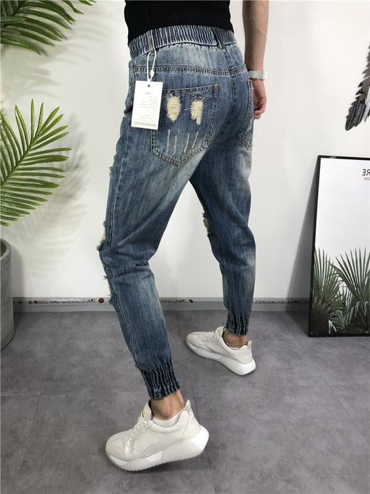 夏季大破洞牛仔裤男社会小伙裤子快手网红蓝色小脚漏洞补丁牛仔裤-图2