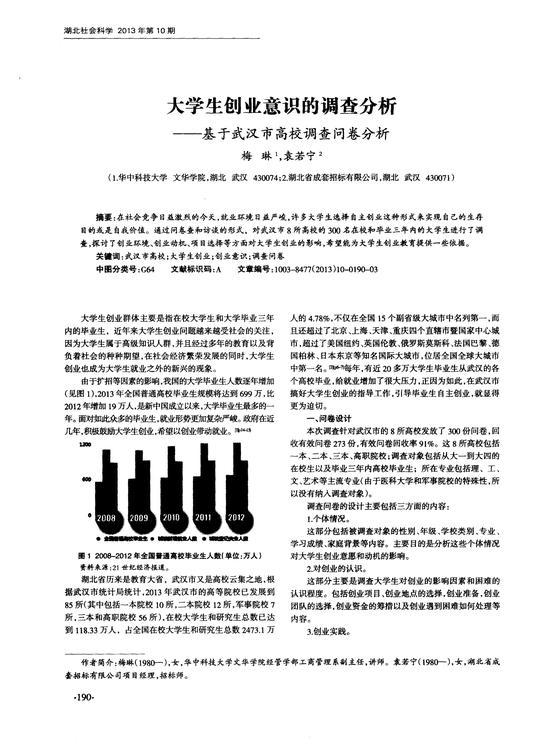 大学生创业意识的调查分析--基于武汉市高校调查问卷分析