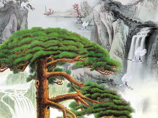 迎客松山水画国画中式玄关图片设计素材_高清模板下载