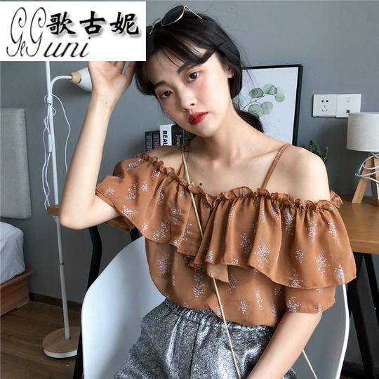 歌古妮夏装女装韩版甜美荷叶边一字肩露肩碎花吊带短袖雪纺衫衬衫上衣潮