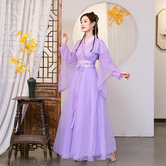 紫色汉服女中国风广袖襦裙古装女唐装公主仙女裙学生舞台表演出服紫罗兰色m