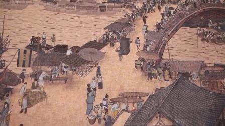 中国历史古代清明上河图繁荣商贸市集三维动画舞台led视频素材