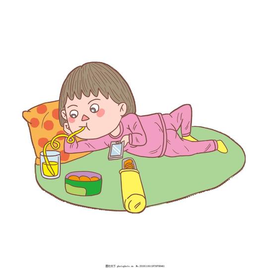 卡通手绘人物吃零食玩手机女孩