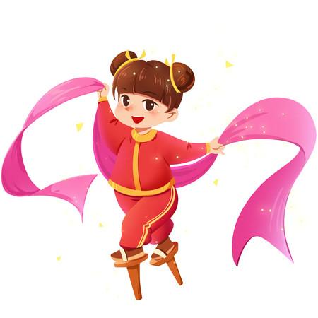 新年卡通女孩扭秧歌踩高跷png素材
