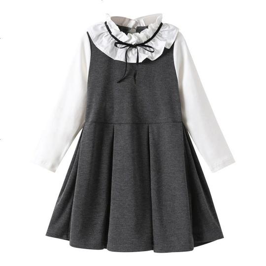 玥乔女童春秋连衣裙2019新款韩版中大儿童洋气花边领小女孩公主裙子潮灰色160cm图片