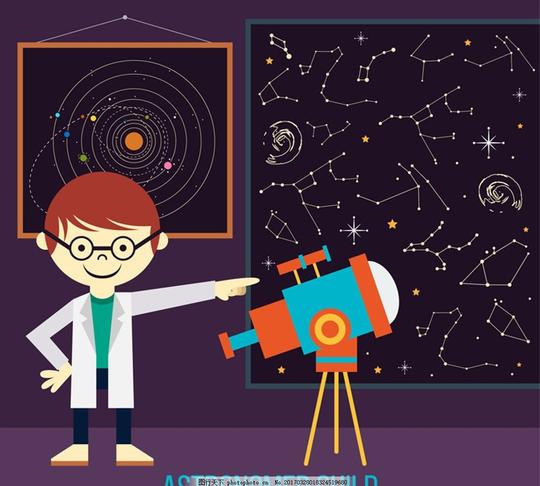 创意天文学儿童插画矢量素材宇宙天文望远镜星座男孩星球