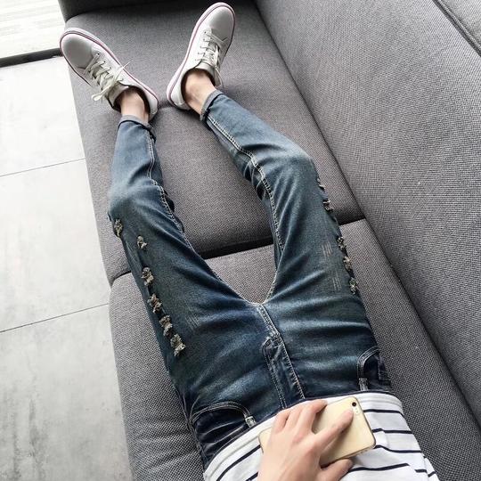 快手网红同款裤子男精神小伙破洞牛仔裤社会人黑色乞丐小脚九分裤9分裤-095款复古破30