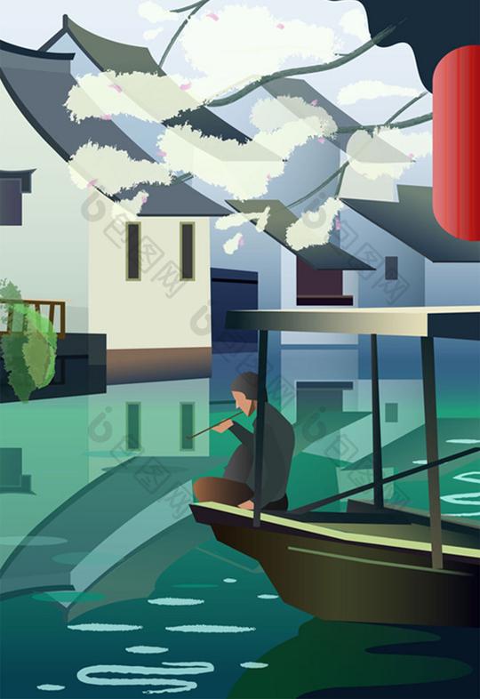 蓝绿春夏江南水乡船夫传统民居矢量插图
