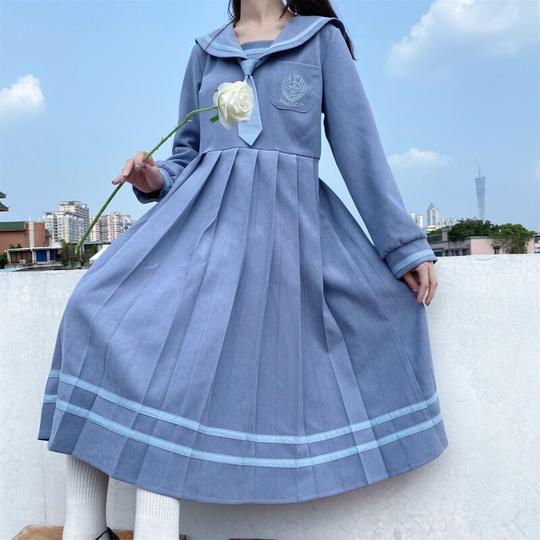 jk制服连衣裙女秋冬2020新款学院风百褶裙海领甜美软妹裙子天蓝色长裙天蓝色s