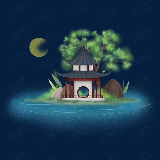中国风古风夜晚的亭子