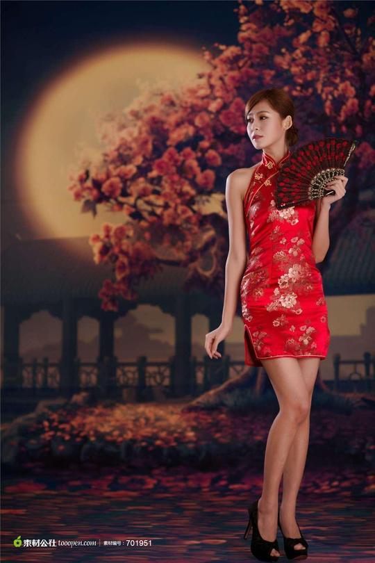小雪美女红色旗袍性感高清大图-素材公社too