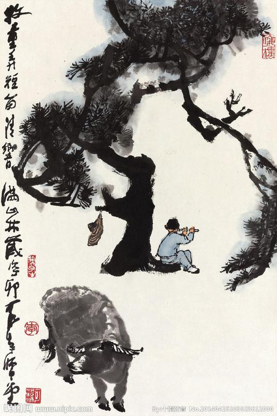 牧童吹笛图图片