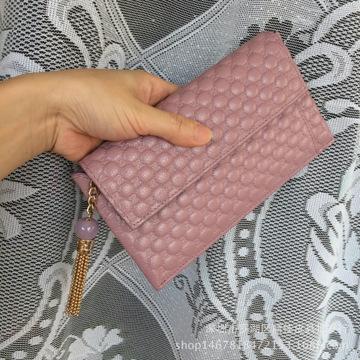 新款真皮挂坠流苏钱包女士头层牛皮长款钱夹大牌压花卡包