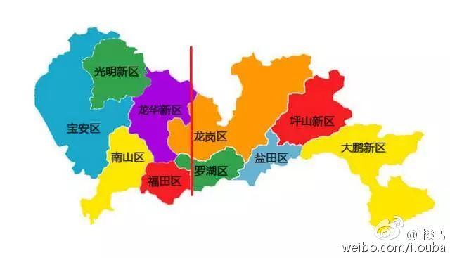 这是深圳最新的行政区划图,6个行政区加上4个新区,犹如一只展翅