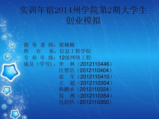 ppt实训年宿2014州学院第2期大学生创业模拟指导老师:梁楠楠