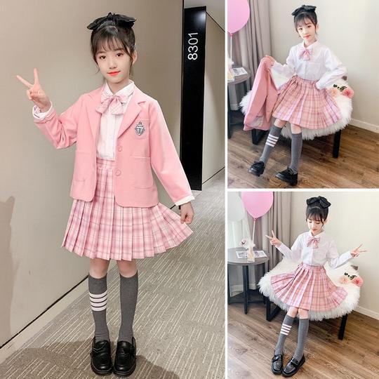 jk制服学院风百褶裙套装秋季新款中大童小学生洋气三件套2020粉色四件套160