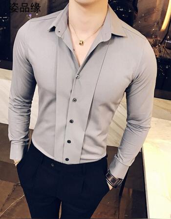 长袖衬衫男英伦修身夜场男装发型师衬衣商务休闲寸衫潮灰色xl
