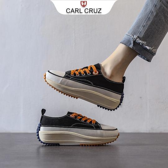 carlcruz品牌厚底帆布鞋女复古街拍潮鞋2021新款秋季设计感小众松糕鞋女黑橙37