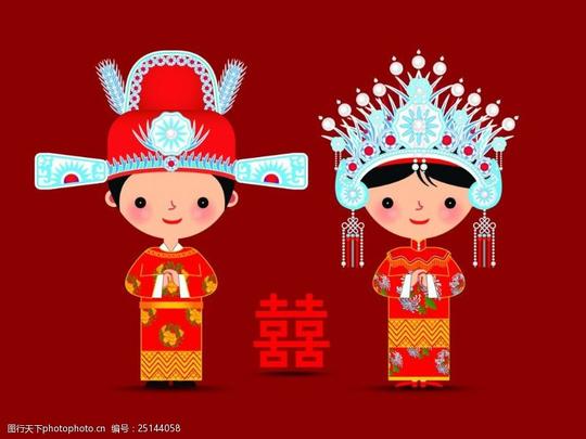 红色中式婚礼卡通新人矢量设计素材