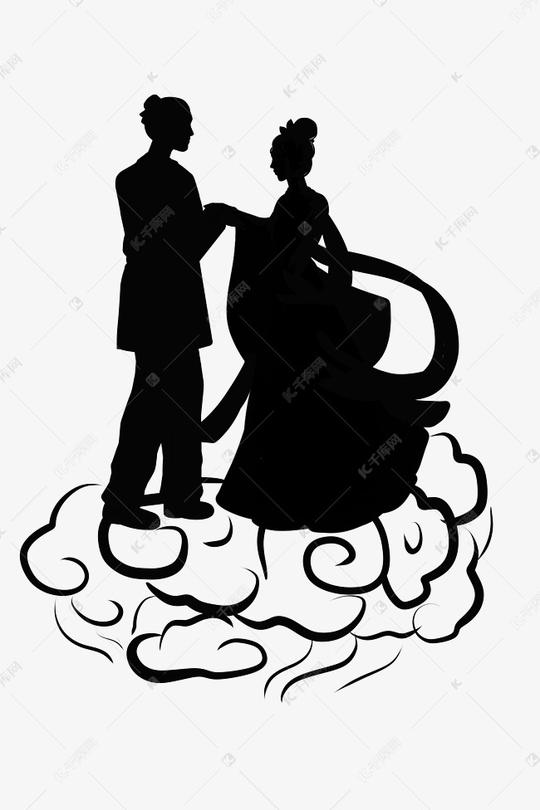 卡通七夕节牛郎织女人物剪影素材