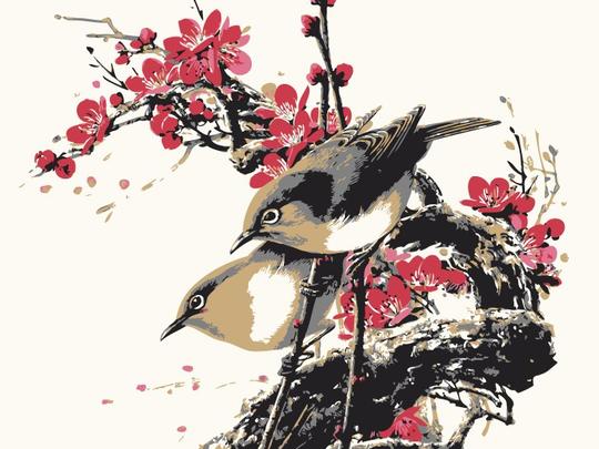 一幅小鸟梅花图工笔画矢量素材