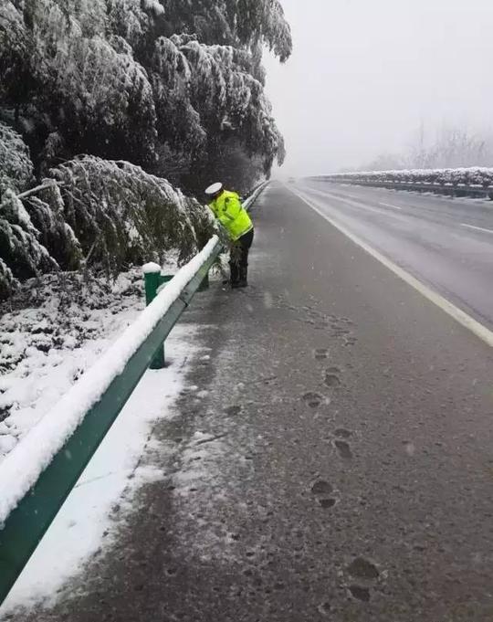 池州境内开始普降大雪,雨雪天气时高速公路沿途部分树枝被雪压弯,横