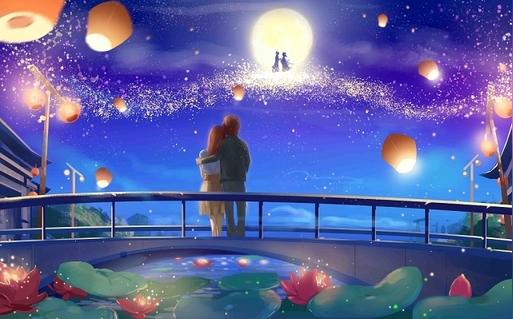 唯美蓝紫七夕情侣原创插画素材背景