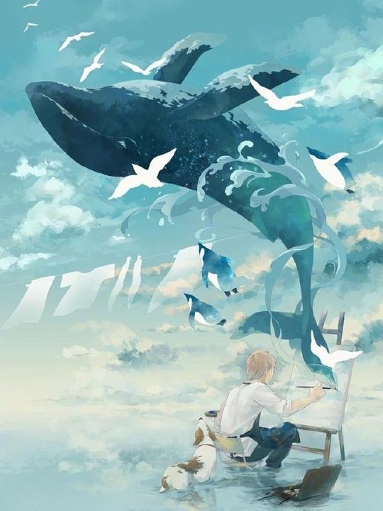 com日系治愈小清新手绘插画唯美梦幻蓝色天空海洋鲸鱼类psd设计素材