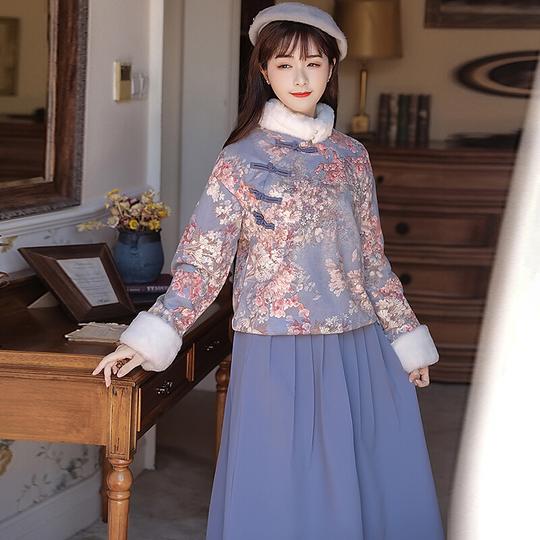 改良旗袍冬款少女年轻款复古民国风女装加厚汉元素套装冬季汉服女图片色s