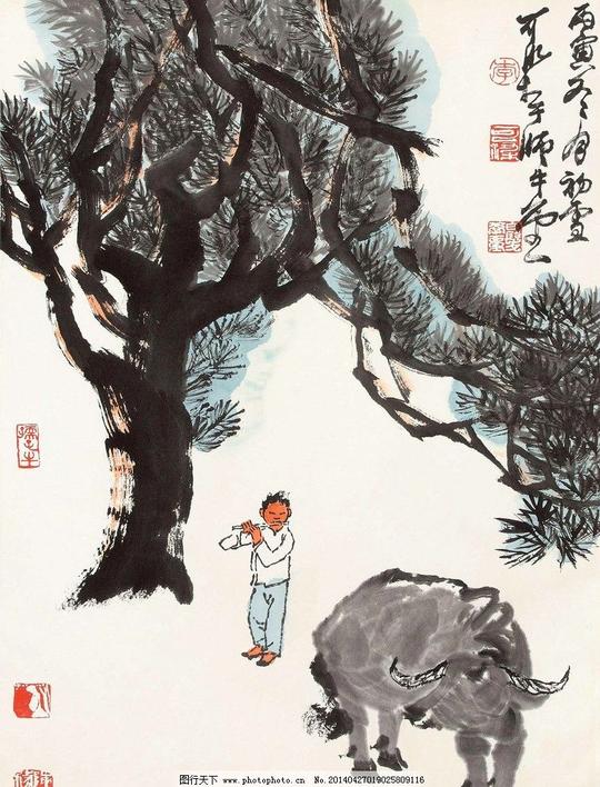 国画牧牛牧童牧童放牛牛水牛松树牧童吹笛牧笛水墨水墨画