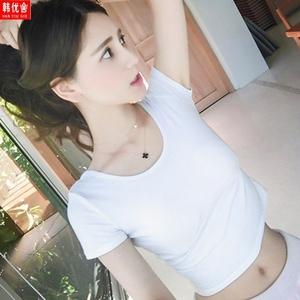 热天女衫小衫土t恤丅桖裇纯棉社会小款贴身紧身短袖短版高腰健身