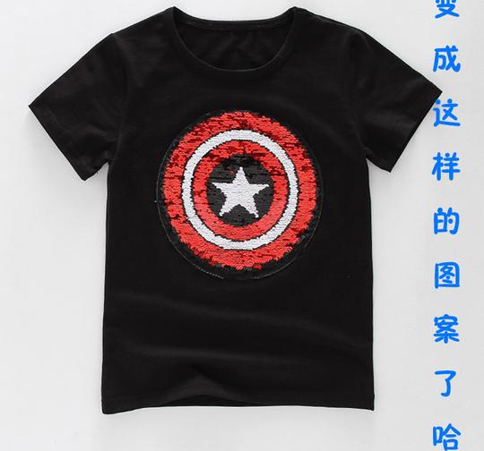 同款抖音蜘蛛侠变美国队小猪佩奇会变的衣服长亮片可翻转童装纯棉
