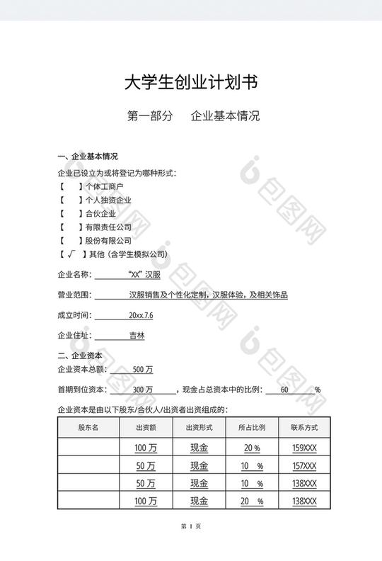 实用大学生创业计划书word模板