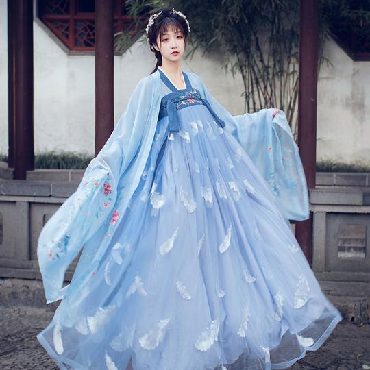 银杏汉服女中国风古装古风女装明制白菜全套夏季飘逸仙气清欢+蓝色+齐胸3米上衣+襦裙s