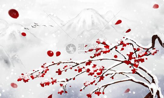 古风唯美雪景梅花盛开背景插画