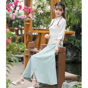 套装女学生长裙棉麻汉服修身显瘦中袖立领绣花春夏中国风旗袍民国