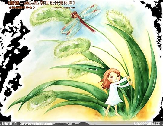 hanmaker韩国设计素材库背景卡通漫画淡彩儿童女孩叶子狗尾草