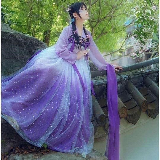 辰莲鱼梦新款改良汉服紫色两片式齐胸襦裙渐变色内外6米摆女