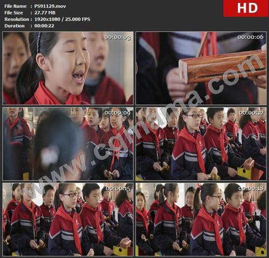 ps91129教学生说书拉二胡敲梆子红领巾校服手拿乐器高清实拍视频素材