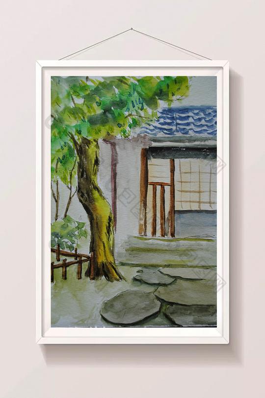 乡村蓝色夏日素材手绘背景风景清新水彩